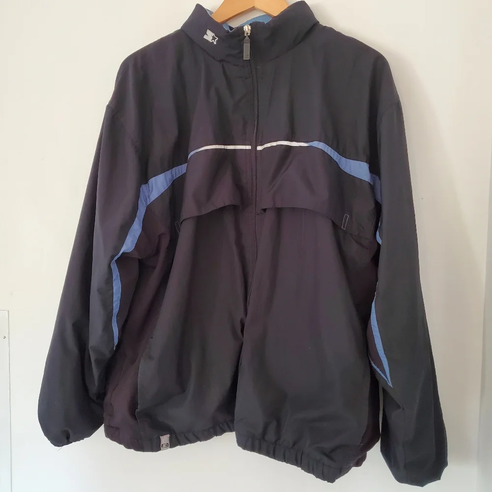 STARTER Men L Black Blue Windbreaker Jacket Full Zip Pockets Hood 90s Y2K